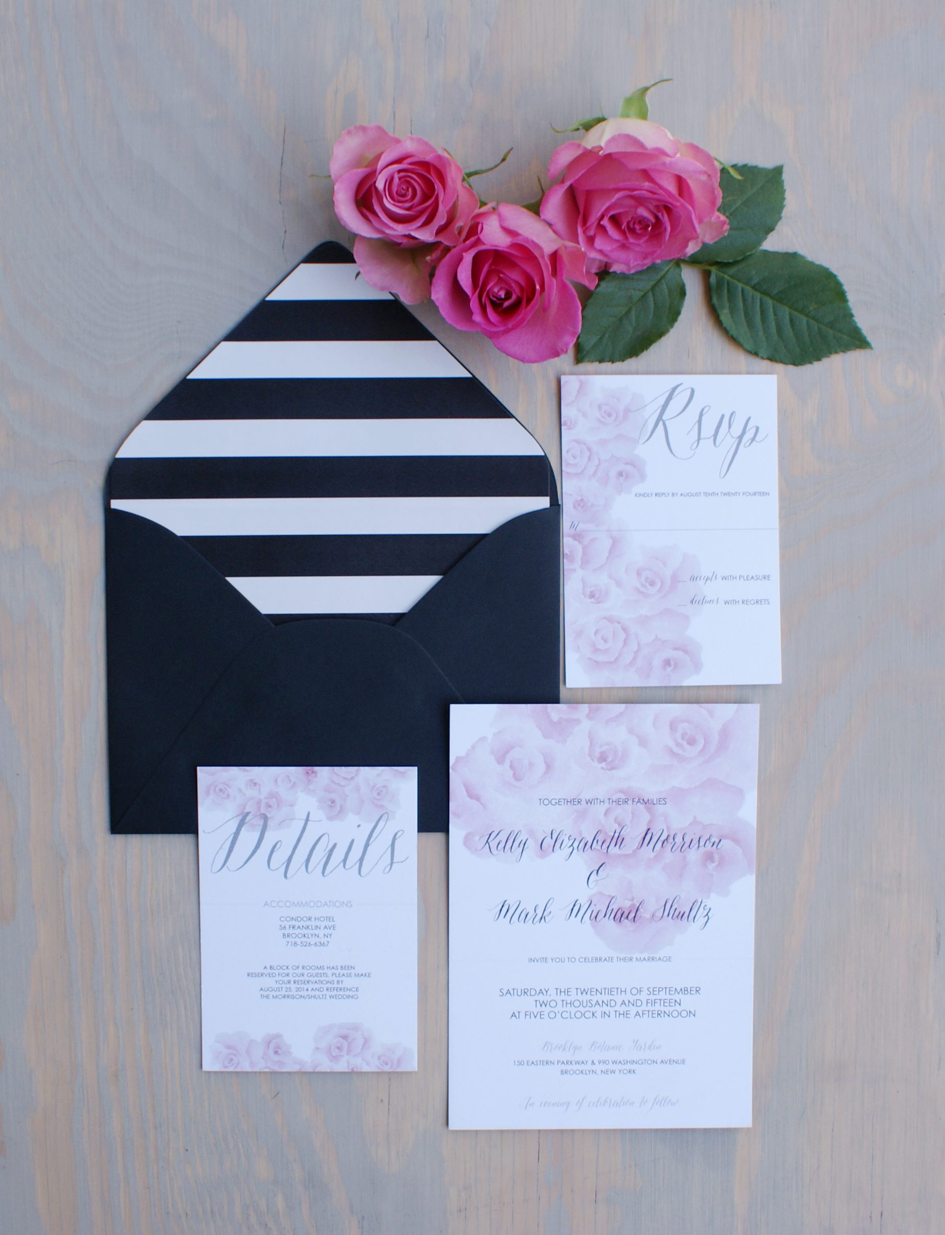 Peonies and Stripes Watercolor Wedding Invitations by Bohemian Mint